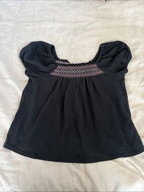 Madewell Black Puff-Sleeve Embroidered Yoke Top